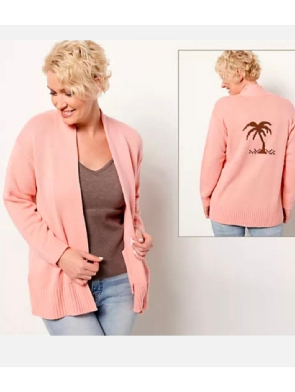 NEW Candace Cameron Bure Pink Open Front Cardigan Palm Tree Size Large Petite